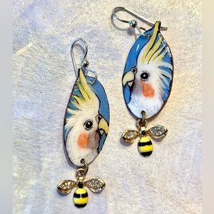 Cockatiels hand painted earrings, sterling wires, bird jewelry OOAK